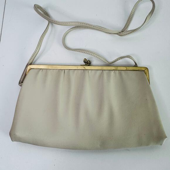 Vintage Andre Clasp Clutch Handbag Purse 1960s Cream Crossbody Gold Leather - Picture 1 of 6